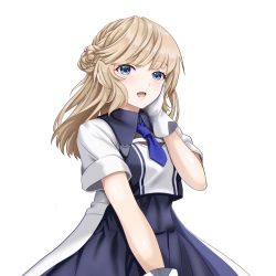 Rule 34 | :d, blue dress, blue eyes, blue necktie, braid, brown hair, dress, hair bun, hand on own cheek, hand on own face, kantai collection, long hair, looking at viewer, necktie, open mouth, ranger (kancolle), short necktie, short sleeves, smile, tk8d32, two-tone dress, white background, white dress