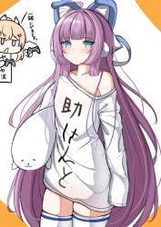 Rule 34 | 2girls, alternate costume, ayanami (azur lane), azur lane, blue eyes, blush, brown eyes, brown hair, chibi, closed mouth, clothes writing, commentary request, controller, game controller, hair between eyes, hair ornament, hairclip, headgear, holding, long hair, long sleeves, moyoron, multiple girls, off shoulder, open mouth, orange background, purple hair, shirt, sleeves past fingers, sleeves past wrists, solo focus, tashkent (azur lane), thighhighs, translation request, two-tone background, very long hair, white background, white legwear, white shirt