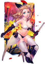 Rule 34 | 1girl, 5pb., aqua eyes, bare shoulders, blonde hair, bravely default: flying fairy, bravely default (series), breasts, collarbone, edea lee, elbow gloves, gloves, highres, holding, katana, lips, long hair, petals, revision, simosi, smile, solo, sword, thighhighs, weapon, white thighhighs