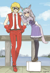 Rule 34 | 1boy, 1girl, absurdres, aged down, animal ears, aqua bow, artist name, belt, black thighhighs, blonde hair, blush stickers, borrowed character, bow, bowtie, box, bridge, brown footwear, char aznable, collared shirt, commentary request, crossover, curly hair, drill hair, ear bow, full body, gloves, grin, gundam, hair between eyes, hands in pockets, hands on another&#039;s shoulder, height difference, highres, horse ears, horse girl, horse tail, jacket, jaggy lines, kopperion, lake, leaning forward, loafers, long hair, long sleeves, looking at viewer, medium request, mejiro family matriarch, mole, mole on cheek, mountain, necktie, original, outdoors, pants, purple eyes, purple hair, purple shirt, purple skirt, quattro bajeena, red footwear, red gloves, red jacket, red necktie, red pants, sailor collar, sailor shirt, sakakibara yoshiko, school uniform, shirt, shoes, short hair, signature, skirt, sleeveless, sleeveless jacket, smile, standing, standing on box, sunglasses, tail, thighhighs, tracen school uniform, traditional media, umamusume, voice actor connection, white bow, white bowtie, white shirt, winter uniform, wooden bridge, wooden railing, zeta gundam