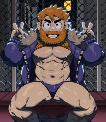 Rule 34 | 1boy, abs, absurdres, against fence, alternate costume, alternate muscle size, bara, bare pectorals, beard, bikini briefs, bulge, double v, facial hair, feet out of frame, fence, full beard, gluteal fold, highres, huge eyebrows, looking at viewer, male focus, male underwear, navel, nipples, old scott, paid reward available, pectorals, purple male underwear, sanpaku, scott pilgrim, scott pilgrim (series), scott pilgrim takes off, short hair, sitting, solo, stomach, tareme, thick beard, thighs, toned, toned male, underwear, uza (hellme), v