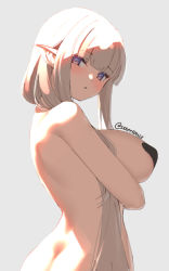 Rule 34 | 1girl, arms under breasts, artist name, backlighting, breasts, from side, grey background, large breasts, light brown hair, long hair, nude, original, parted lips, pasties, pointy ears, purple eyes, simple background, skeptycally, solo, upper body