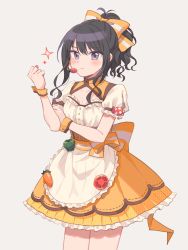 Rule 34 | absurdres, apron, back bow, black hair, blush, bow, breasts, carrot, cleavage, clenched hand, collarbone, dress, food, frilled skirt, frills, fruit, grey eyes, hair bow, hand on own arm, headset, highres, idolmaster, idolmaster shiny colors, kazano hiori, long hair, looking at viewer, mole, mole under mouth, pepper, ponytail, puffy short sleeves, puffy sleeves, serious, short sleeves, skirt, small breasts, solo, sparks, strawberry, sushitarou, tomato, waist apron, waist bow, wavy hair, white background, wrist cuffs, yellow skirt