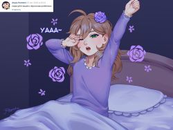 Rule 34 | 1girl, ;o, aged down, ahoge, alternate costume, arm up, bed, bed sheet, blanket, brown hair, child, clenched hand, commentary, english commentary, flower, genshin impact, green eyes, hair between eyes, hair flower, hair ornament, highres, lisa (genshin impact), long hair, long sleeves, looking at viewer, one eye closed, pajamas, pillow, purple flower, purple rose, rezoeline, rose, russian text, sidelocks, signature, solo, stretching, translated, under covers, waking up