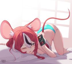 Rule 34 | 1girl, absurdres, animal ears, black hair, calling, cellphone, hakos baelz, highres, hololive, hololive english, long hair, mouse ears, mouse girl, mouse tail, multicolored hair, namiorii, one eye closed, phone, pillow, red hair, solo, streaked hair, tail, underwear, virtual youtuber, white hair