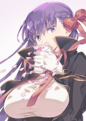 Rule 34 | 10s, 1girl, asymmetrical bangs, bb (fate), bb (fate/extra), breasts, brown ribbon, coat, covered mouth, fate/extra, fate/extra ccc, fate (series), hair ribbon, highres, ka-no, large breasts, long hair, looking at viewer, open clothes, open coat, petals, purple eyes, purple hair, ribbon, solo, underbust, upper body
