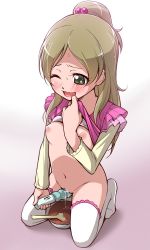 Rule 34 | 10s, 1girl, blush, breasts, brown hair, chocolate, female masturbation, green eyes, hair bobbles, hair ornament, kneeling, long hair, masturbation, minamino kanade, nipples, ogry ching, one eye closed, open mouth, ponytail, precure, pussy juice, saliva, sex toy, solo, suite precure, thighhighs, vibrator, white thighhighs, wink