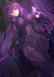 Rule 34 | 1girl, ahoge, bodysuit, breasts, castle, covered navel, fate/grand order, fate (series), gae bolg (fate), hair intakes, highres, holding, holding weapon, large breasts, long hair, looking at viewer, mukunokino isshiki, polearm, purple bodysuit, purple hair, red eyes, runes, scathach (fate), scathach (fate), smile, snow, spear, very long hair, weapon