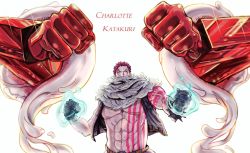 Rule 34 | 1boy, abs, arm tattoo, bare pectorals, black hair, blood, blood on face, bright background, character name, charlotte katakuri, clenched hands, covered mouth, fighting stance, gloves, hands up, highres, living (pixiv5031111), looking at viewer, male focus, one piece, open clothes, open vest, pectorals, purple eyes, scar, scarf, short hair, solo, sparkle, spikes, standing, stitches, stomach tattoo, tattoo, topless male, upper body, vest