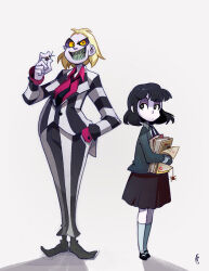 Rule 34 | 1boy, 1girl, 2017, artist logo, beetlejuice, betelgeuse (beetlejuice), black eyes, black footwear, black hair, black necktie, black skirt, blonde hair, blue socks, book, bug, collared shirt, colored sclera, commentary, english commentary, eyeshadow, formal, green teeth, grey background, holding, holding book, jacket, looking at another, looking at viewer, loose necktie, lydia deetz, makeup, medium hair, multicolored clothes, multicolored jacket, necktie, pale skin, pants, purple eyeshadow, red shirt, shaun healey, shirt, simple background, skirt, socks, spider, string, striped suit, suit, sweater, thighhighs, toon (style), two-tone jacket, two-tone pants, white shirt, yellow sclera