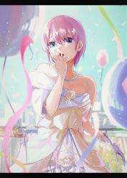Rule 34 | 1girl, absurdres, asymmetrical clothes, asymmetrical hair, balloon, bare shoulders, blue eyes, confetti, cowboy shot, earrings, gloves, go-toubun no hanayome, hair ornament, hand up, highres, hukahito, jewelry, letterboxed, looking at viewer, nail polish, nakano ichika, necklace, open mouth, pearl necklace, pink hair, short hair, simple background, single glove, solo, star (symbol), star hair ornament, streamers, white gloves, yellow nails