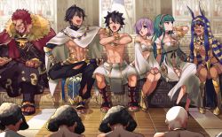 Rule 34 | 3boys, 3girls, ahoge, animal ears, bare pectorals, beard, black hair, brown hair, cape, cleopatra (fate), cleopatra (third ascension) (fate), commentary request, dark-skinned female, dark-skinned male, dark skin, earrings, egyptian, egyptian clothes, facepaint, facial hair, facial mark, fate/grand order, fate/prototype, fate/prototype: fragments of blue and silver, fate/zero, fate (series), fujimaru ritsuka (male), glasses, hair over one eye, hairband, hoop earrings, iskandar (fate), jackal ears, jewelry, leather, long hair, looking at viewer, mash kyrielight, multiple boys, multiple girls, nitocris (fate), nitocris (third ascension) (fate), open mouth, ozymandias (fate), pectorals, purple hair, red hair, short hair, sitting, smile, very long hair, yellow eyes, zeromomo0100