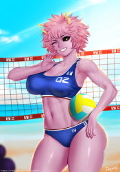 Rule 34 | 10s, 1boy, 1girl, ;d, ashido mina, ball, bare shoulders, beach, black sclera, blue sky, boku no hero academia, breasts, buruma, cleavage, colored sclera, colored skin, cowboy shot, crop top, curvy, day, easonx, hip focus, holding, holding ball, horns, large breasts, looking at viewer, midriff, mineta minoru, navel, one eye closed, open mouth, pink hair, pink skin, short hair, sky, smile, stomach, thick thighs, thighs, volleyball (object), volleyball net, wide hips