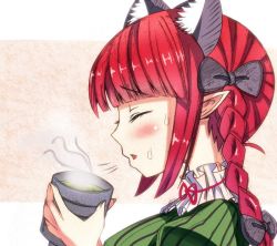 Rule 34 | 1girl, animal ears, bad id, bad pixiv id, blowing, blush, bow, braid, cat ears, cup, extra ears, closed eyes, hair bow, kaenbyou rin, long hair, oimo (imoyoukan), oimonocake, pointy ears, red hair, solo, touhou, twin braids