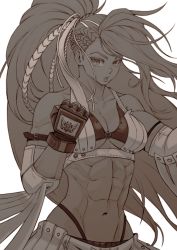 Rule 34 | 1girl, abs, big hair, braid, breasts, cleavage, clenched hand, dungeon and fighter, female grappler (dungeon and fighter), fighter (dungeon and fighter), fingerless gloves, gloves, mma gloves, greyscale, highleg, highleg panties, highres, long hair, medium breasts, midriff, mma gloves, monochrome, muscular, muscular female, navel, pagong, panties, parted lips, solo, underwear, upper body, very long hair