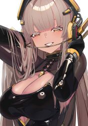 Rule 34 | 1girl, black gloves, blunt bangs, breasts, brown hair, cleavage, cleavage cutout, clothing cutout, commentary request, fang, gloves, grin, hands up, headphones, highres, large breasts, latex, long hair, looking at viewer, mecha musume, natori youkai, original, ringed eyes, shiny clothes, simple background, smile, solo, straight hair, upper body, white background, yellow eyes