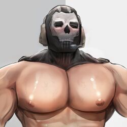 Rule 34 | 1boy, bara, blush, call of duty, call of duty: modern warfare 2, chest hair, ghost (modern warfare 2), grey background, headset, highres, large pectorals, male focus, mask, muscular, muscular male, nipples, pectorals, simple background, skull mask, sociopotato1, solo, upper body, white background