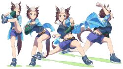 Rule 34 | 1girl, absurdres, animal ears, ball, baseball, baseball glove, belt, blue jacket, blue shorts, bracelet, breasts, brown hair, clenched teeth, closed mouth, highres, holding, holding ball, horse ears, horse girl, horse tail, jacket, jewelry, medium breasts, mejiro ryan (umamusume), midriff, motion blur, multicolored hair, multiple views, navel, necklace, nishiki kazue, open mouth, purple eyes, sequential, shoes, short hair, short shorts, shorts, simple background, sneakers, standing, standing on one leg, tail, tank top, teeth, throwing, two-tone hair, umamusume, v-shaped eyebrows, watch, white background, wristwatch