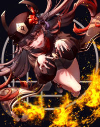 Rule 34 | 1girl, ;d, black background, black hat, black nails, black shorts, brown hair, claw pose, fingernails, fire, flower, genshin impact, hat, hu tao (genshin impact), jewelry, kokollet, long hair, looking at viewer, nail polish, one eye closed, open mouth, plum blossoms, red eyes, ring, shorts, simple background, smile, solo, symbol-shaped pupils, tailcoat, twintails, very long hair