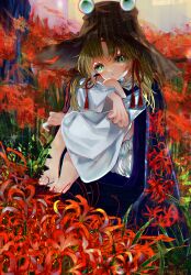 Rule 34 | 1girl, absurdres, barefoot, blonde hair, bloomers, commentary request, dress, expressionless, flower, full body, green eyes, hair ribbon, hat, highres, hugging own legs, long hair, long sleeves, looking at viewer, medium bangs, moriya suwako, open mouth, painterly, parted bangs, pinafore dress, purple dress, red flower, red ribbon, ribbon, shirt, sleeveless, sleeveless dress, solo, spider lily, touhou, underwear, white bloomers, white shirt, zhu xiang