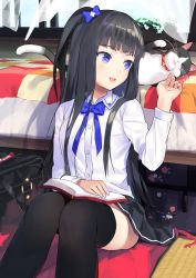 Rule 34 | 1girl, :d, bag, unworn bag, bed, bell, black hair, black skirt, black thighhighs, blue bow, blue eyes, blue ribbon, blue sky, blunt bangs, book, bow, breasts, cat, collar, collared shirt, commentary request, curtains, dress shirt, hair bow, highres, holding, holding book, indoors, knees up, long hair, looking at another, nanotaro, neck bell, neck ribbon, on floor, one side up, open book, open mouth, open window, original, pet, plant, pleated skirt, potted plant, ribbon, school bag, school uniform, shirt, sitting, skirt, sky, small breasts, smile, solo, thighhighs, white shirt, wind, window