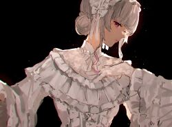 Rule 34 | 1girl, black background, blunt bangs, commentary, curly hair, dress, frilled dress, frilled hairband, frills, gradient hair, grey hair, hair bun, hairband, highres, higuchi kaede, higuchi kaede (14th costume), light particles, looking to the side, mole, mole under eye, multicolored hair, nijisanji, official alternate costume, official alternate hairstyle, outstretched arms, purple eyes, purple hair, simple background, solo, spread arms, suna (sunasuna 3), symbol-only commentary, upper body, virtual youtuber, white dress, white hairband
