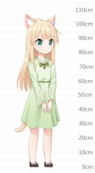 Rule 34 | 1girl, absurdres, animal ears, blonde hair, bow, bowtie, brown footwear, cat ears, cat tail, child, closed mouth, dot nose, dress, green bow, green bowtie, green dress, green eyes, height chart, highres, long hair, mao lian (nekokao), orange bow, original, puffy short sleeves, puffy sleeves, shoes, short sleeves, smile, solo, tail