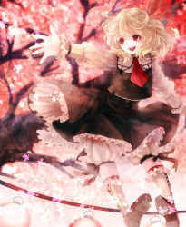 Rule 34 | 1girl, awa toka, blonde hair, bloomers, dress, embodiment of scarlet devil, female focus, flower, hair ribbon, outstretched arm, outstretched hand, red eyes, ribbon, rumia, smile, solo, touhou, tree, underwear
