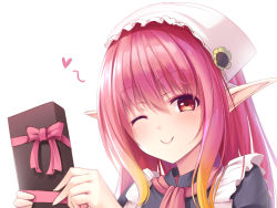 Rule 34 | 1girl, ;), apron, black dress, blush, box, closed mouth, commentary request, dress, frilled apron, frills, gift, gift box, hair between eyes, hands up, head scarf, heart, holding, holding gift, long hair, looking at viewer, naoki (endofcentury102), one eye closed, original, pink hair, pointy ears, puffy sleeves, red eyes, simple background, smile, solo, white apron, white background