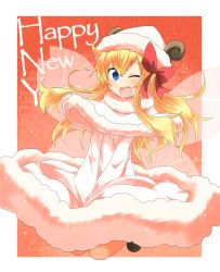 Rule 34 | 1girl, ;d, adapted costume, animal costume, blonde hair, blue eyes, blush, bow, capelet, dress, dress tug, fairy wings, hair bow, hair ribbon, happy new year, hat, highres, horns, jumping, lily white, long hair, looking at viewer, new year, nobamo pieruda, one eye closed, open mouth, outside border, ribbon, sheep costume, sheep horns, smile, solo, touhou, v arms, wings, wool dress