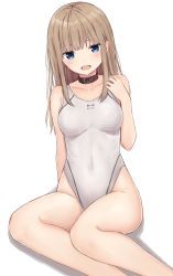 Rule 34 | 1girl, akipeko, bare legs, bare shoulders, blue eyes, breasts, brown hair, collar, collarbone, commentary request, competition swimsuit, covered navel, highleg, highleg swimsuit, highres, long hair, looking at viewer, medium breasts, one-piece swimsuit, open mouth, original, sidelocks, simple background, sitting, solo, swimsuit, thighs, white background, white one-piece swimsuit