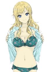 Rule 34 | 1girl, bikini, blonde hair, blue eyes, breasts, cleavage, collarbone, duffy, floral print, highres, idolmaster, idolmaster cinderella girls, jacket, large breasts, long hair, nail polish, navel, ohtsuki yui, open clothes, open jacket, simple background, smile, solo, swimsuit