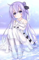Rule 34 | 1girl, ahoge, azur lane, bare shoulders, blush, collarbone, commentary request, hugging doll, dress, elbow gloves, gloves, hair between eyes, hair bun, hair ribbon, head tilt, high heels, highres, langley1000, long hair, looking at viewer, md5 mismatch, hugging object, one side up, pantyhose, parted lips, purple eyes, purple hair, resolution mismatch, revision, ribbon, shallow water, single hair bun, sitting, solo, source smaller, strapless, strapless dress, stuffed animal, stuffed pegasus, stuffed toy, stuffed unicorn, stuffed winged unicorn, unicorn (azur lane), very long hair, water, white dress, white footwear, white gloves, white pantyhose