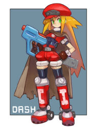 Rule 34 | 1girl, blonde hair, breasts, brown gloves, cabbie hat, cape, closed mouth, commentary request, copyright name, cropped jacket, dakusuta, full body, gloves, green eyes, hair between eyes, hand on own hip, hat, highres, holding, holding weapon, long hair, mega man (series), mega man legends (series), red shorts, roll caskett (mega man), shorts, simple background, smile, solo, standing, torn cape, torn clothes, weapon