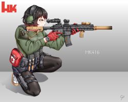 Rule 34 | 1girl, ammunition pouch, assault rifle, black shorts, ceramic plate, closed mouth, earmuffs, first aid kit, gloves, green jacket, gun, h&amp;k hk416, heckler &amp; koch, highres, holding, holding gun, holding weapon, jacket, kneeling, leggings, long sleeves, military, military uniform, on one knee, original, pouch, red eyes, red gloves, red hair, rifle, shoes, shorts, smile, sneakers, uniform, vest, watch, weapon, white footwear, window magazine