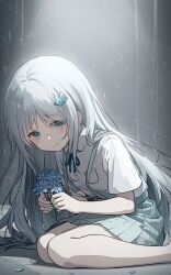 Rule 34 | 1girl, aqua skirt, blue eyes, blue flower, blue pupils, blue ribbon, closed mouth, collared shirt, commentary request, cross, crying, curtained hair, eyes visible through hair, flower, grey background, grey skirt, hair ornament, hands up, highres, holding, holding flower, kakurenbocchi, long hair, looking at flowers, looking down, messy hair, neck ribbon, nore th, on floor, own hands together, pale skin, partial commentary, petals, pleated skirt, ribbon, shirt, short sleeves, sitting, skirt, solo, streaming tears, tears, tuyu (band), wariza, water drop, water drop hair ornament, white hair, white shirt