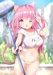 Rule 34 | 1girl, :d, akiori koromo, animal ears, arm up, blue sky, breasts, broom, bush, cat ears, cat tail, collarbone, commentary request, cowboy shot, day, gluteal fold, holding, holding broom, looking at viewer, medium breasts, navel, open mouth, original, outdoors, panties, pink eyes, pink hair, shirt, short sleeves, side-tie panties, sky, smile, solo, tail, thigh gap, thighs, tied shirt, underwear, white shirt