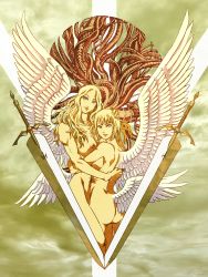 Rule 34 | 2girls, angel wings, artist request, ass, breasts, clare (claymore), claymore (series), claymore (sword), feathers, groin, hand on another&#039;s head, highres, hug, large breasts, long hair, multiple girls, nipples, nude, short hair, smile, sword, teresa, weapon, wings, yellow eyes