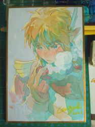 Rule 34 | 1boy, blonde hair, blue eyes, blush, braid, dated, feather hair ornament, feathers, hair ornament, highres, lingcod dayu, link, male focus, medium hair, nintendo, parted lips, pointy ears, side braids, signature, snowing, snowquill set (zelda), solo, steam, the legend of zelda, the legend of zelda: breath of the wild, traditional media, white background
