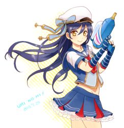 Rule 34 | 1girl, black sailor collar, blue gloves, blue hair, commentary request, cowboy shot, fingerless gloves, gloves, hair between eyes, hat, heru (totoben), holding, holding water gun, long hair, looking at viewer, love live!, love live! school idol festival, love live! school idol project, sailor collar, simple background, smile, solo, sonoda umi, striped clothes, striped gloves, water gun, white background, yellow eyes