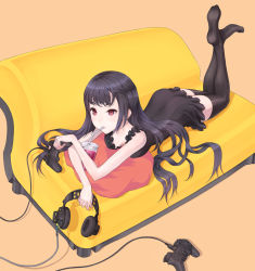 Rule 34 | 1girl, black dress, black hair, black thighhighs, breasts, controller, couch, dress, game console, game controller, headphones, kazuoki, long hair, lying, mouth hold, on stomach, original, playstation 3, purple eyes, solo, thighhighs, yellow upholstery