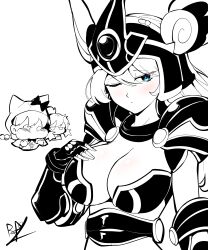 Rule 34 | 3girls, absurdres, angry, armor, blue eyes, blush, bow, bowtie, braid, breasts, cat valkyrie (nyanko daisensou), hand on own chest, helmet, highres, hood, jealous, large breasts, looking at viewer, minya (nyanko daisensou), multiple girls, nyanko daisensou, ponytail, puffy cheeks, signature, unamused, ururun wolf (nyanko daisensou), user ktrx7538
