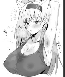 Rule 34 | 1girl, animal ears, arknights, armpits, arms up, breasts, cleavage, covered erect nipples, cropped torso, greyscale, hairband, horn/wood, horn (arknights), large breasts, long hair, monochrome, steaming body, stretching, sweat, sweaty clothes, tank top, white background, wolf ears