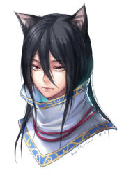 Rule 34 | 1boy, animal ears, black hair, brown eyes, cat boy, cat ears, character request, chinese clothes, closed mouth, commentary request, dated, expressionless, hair between eyes, high collar, kangetsu (fhalei), long hair, looking at viewer, male focus, otani yoshitsugu, portrait, sengoku musou, signature, simple background, solo, white background