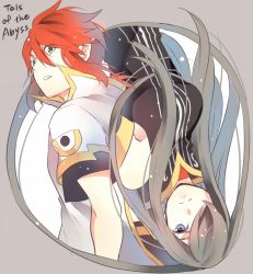 Rule 34 | 1boy, 1girl, bare shoulders, blue eyes, breasts, brown hair, coat, dress, elbow gloves, gloves, green eyes, hair over one eye, long hair, luke fon fabre, open mouth, red hair, short hair, tales of (series), tales of the abyss, tear grants