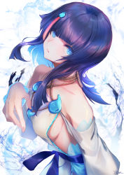 Rule 34 | 1girl, bare shoulders, black hair, blue eyes, blue ribbon, blush, breasts, closed mouth, collarbone, dqn (dqnww), dress, fate/grand order, fate/requiem, fate (series), jewelry, long sleeves, looking at viewer, magatama, magatama hair ornament, medium breasts, medium hair, multicolored hair, necklace, pink hair, puffy long sleeves, puffy sleeves, ribbon, seigaiha, short dress, sideboob, sideless outfit, streaked hair, utsumi erice, white dress