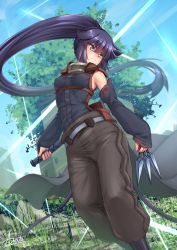 Rule 34 | 1girl, adsouto, akatsuki (log horizon), assassin, bare shoulders, blue hair, blush, building, commentary, detached sleeves, english commentary, grass, highres, holding, holding weapon, log horizon, long hair, ponytail, solo, sword, tree, very long hair, weapon
