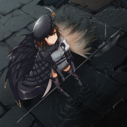 Rule 34 | 1girl, ahoge, arknights, beret, black cape, black footwear, black gloves, black thighhighs, boots, brown eyes, brown hair, cape, closed mouth, dmt (auburn), dress, from above, full body, gloves, grey dress, hat, holding, holding polearm, holding weapon, long sleeves, looking at viewer, plume (arknights), polearm, short hair, solo, standing, thighhighs, tile floor, tiles, weapon