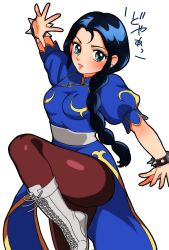 Rule 34 | 1girl, alternate costume, black hair, blue dress, boots, bracelet, braid, breasts, brown pantyhose, capcom, china dress, chinese clothes, chun-li, chun-li (cosplay), commentary request, cosplay, cowboy shot, cross-laced footwear, dress, earrings, fighting stance, full body, green eyes, highres, jewelry, knee boots, long hair, looking at viewer, nigori (6 9 love), pantyhose, pelvic curtain, puffy short sleeves, puffy sleeves, saint seiya, sash, short sleeves, shunrei, simple background, solo, spiked bracelet, spikes, standing, street fighter, thick thighs, thighs, white background, white footwear