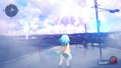 Rule 34 | 1girl, ahoge, black footwear, bloom, blouse, boots, character name, cloud, cloudy sky, compass rose, facing away, fake screenshot, feet out of frame, floral print, frills, from behind, gogo no cochan, green skirt, heads-up display, health bar, highres, komeiji koishi, lamppost, last word, light green hair, map, medium hair, mountainous horizon, no headwear, no headwear, outdoors, overexposure, reference request, road, scenery, shirt, skirt, sky, sleeves past fingers, sleeves past wrists, solo, standing, sunlight, touhou, traffic light, transmission tower, video game, yellow shirt